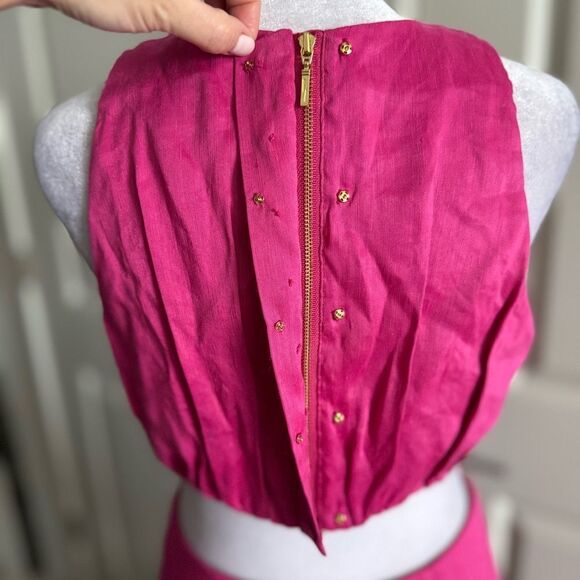 Aje Fuchsia Pink Linen Caliente Cut Out Midi Dress with Ruffle Hem Size 8 - Picture 7 of 10